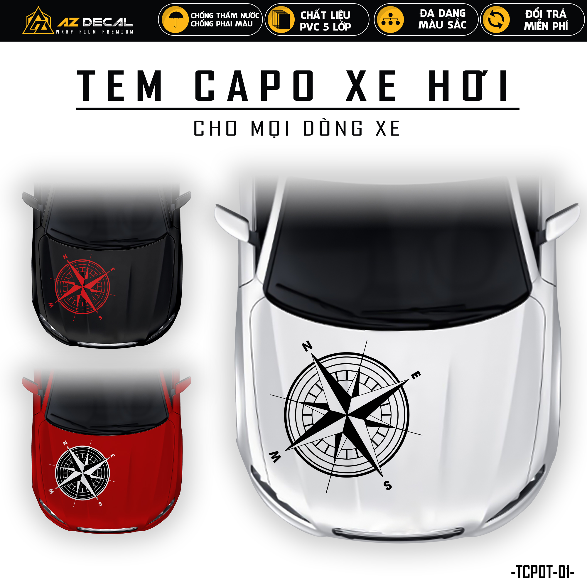 Tem dán nắp capo xe ô tô thiết kế la bàn | tcpot-01 | decal dán nắp capo, sườn xe oto chống nước, bền màu