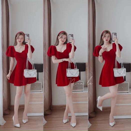 Váy đầm nữ váy đầm đỏ phối trắng tay phồng dài kiểu váy xinh xắn trẻ trung