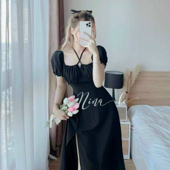 Đầm Thời Trang Nữ Mặc Đi Tiệc, Đầm Đen Chất Đũi Có Mút Ngực Dây Chéo Cổ Mặc Trễ Vai