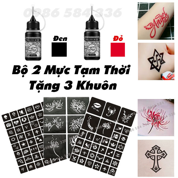 Bộ 2 Mực Xăm Tạm Thời Đen - Đỏ Tặng 3 Khuôn + Sticker [Xịn - Chất]