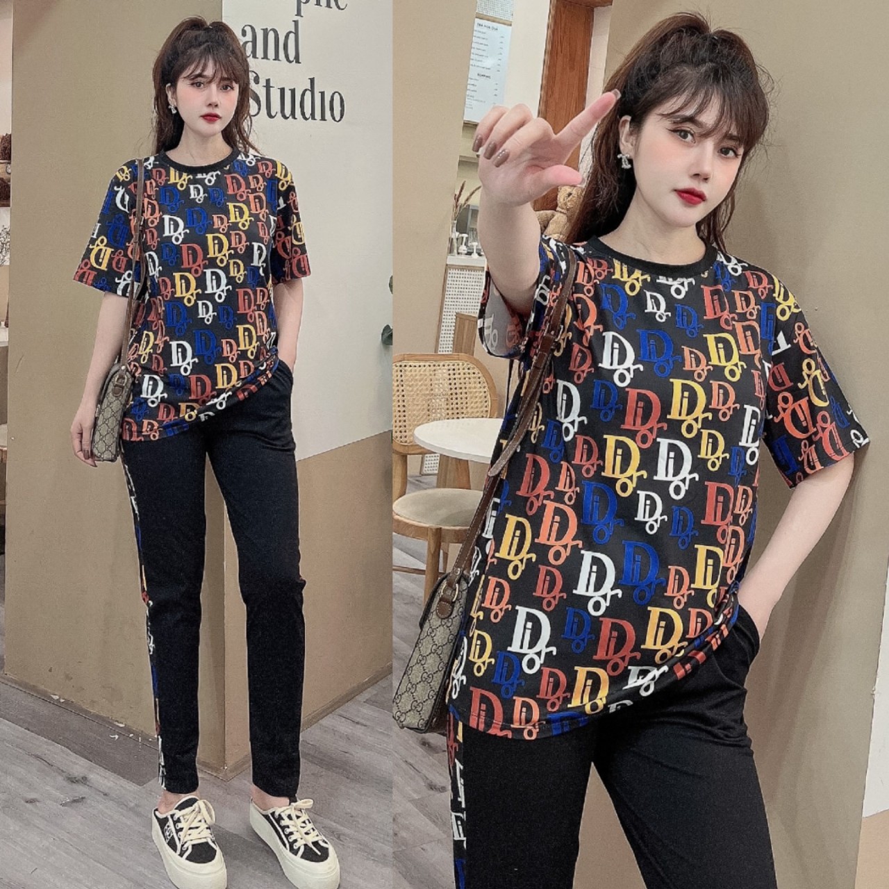 Bộ thun dài thời trang form rộng kí tự màu