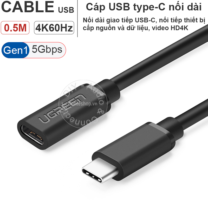 Cáp usb type-c nối dài gen1 5gbps hỗ trợ 4k60hz 0.5 mét ugreen ed008 40574 - dây usb-c nối dài
