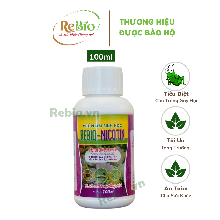 Chế phẩm sinh học REBIO NI.CO.TIN 100ml- Đặc t-r-ị bọ trĩ, nhện đỏ, rệp sáp, rầy rệp, sâu... dùng cho cây hoa, cây cảnh các loại...