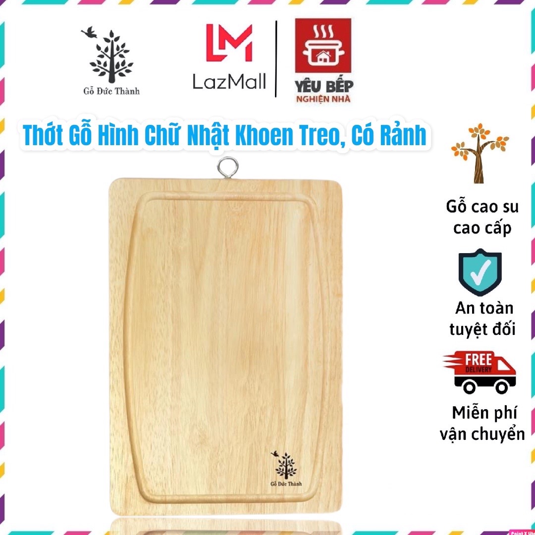 Thớt Gỗ Lớn Hình Chữ Nhật Có Khoen Treo và Rảnh Thoát Nước, Dụng cụ Nhà Bếp Cao Cấp | Gỗ Đức Thành 02043