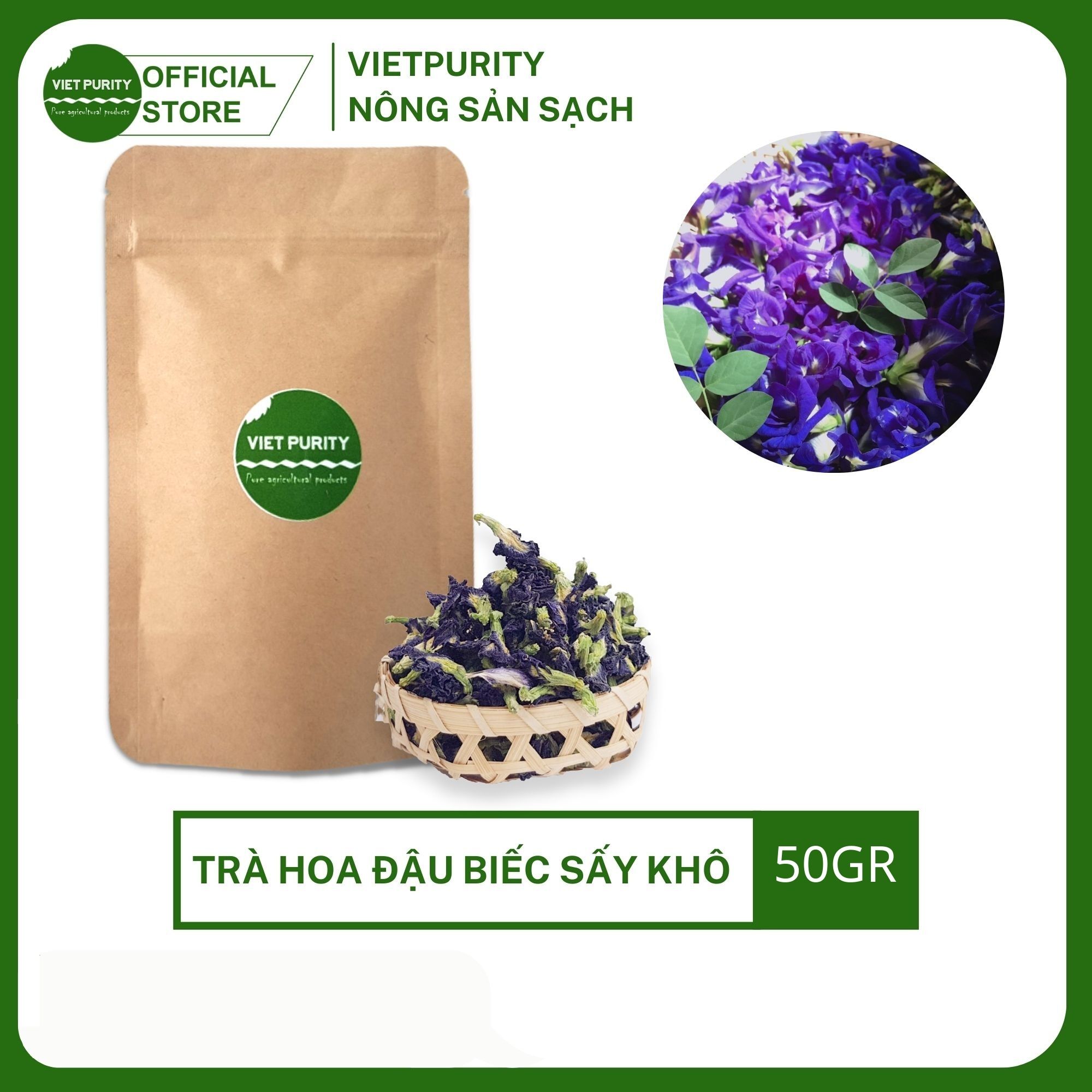 Trà hoa đậu biếc sấy khô 50g Vietpurity hoa thảo mộc sạch làm trà, làm màu thực phẩm