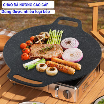 Chảo Đá Nướng Cao Cấp, Chảo Đá Nướng Thịt, Chảo Nướng Chống Dính Đáy Từ, Chảo Nướng Từ, Chảo Đá Nướng, Chảo Gang Nướng Thịt - Vỉ Nướng BBQ Không Cần Dầu Size 33cm, Mặt Đá Chống Dính Cao Cấp