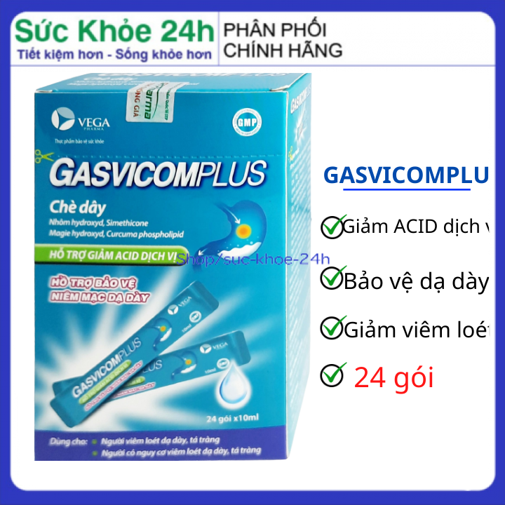 GASVICOMPLUS- hộp 24 gói x 10ml, hỗ trợ giảm đau dạ dày, tá tràng, trào ngược dạ dày thực quản.