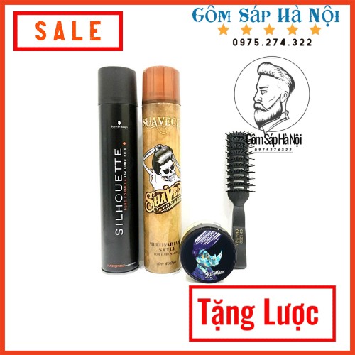 Combo gôm xịt tóc silhouette + gôm xịt tóc suavecito + sáp vuốt tóc blumaan tê giác xanh