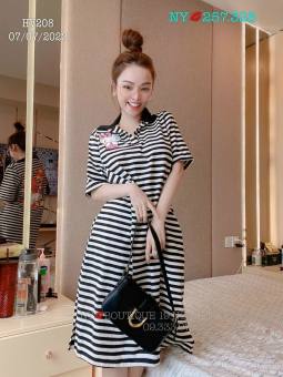 Đầm suông kẻ sọc ngang tay ngắn dẽ thương, đầm thun gân mặc đi chơi thêu hình sau lưng, váy suông polo đơn giản, đầm thun mặc ngủ form rộng mát mẻ