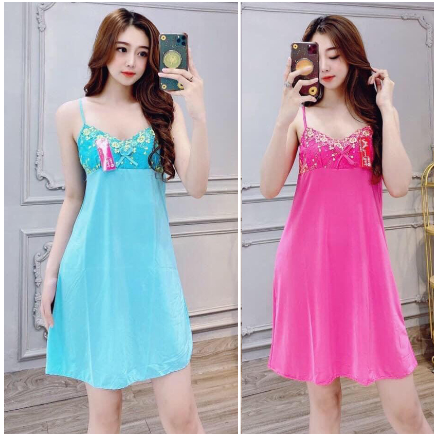 Đầm nữ mặc nhà thun lạnh trung thành đầm ngủ 2 dây phối ren co giãn nhiều màu