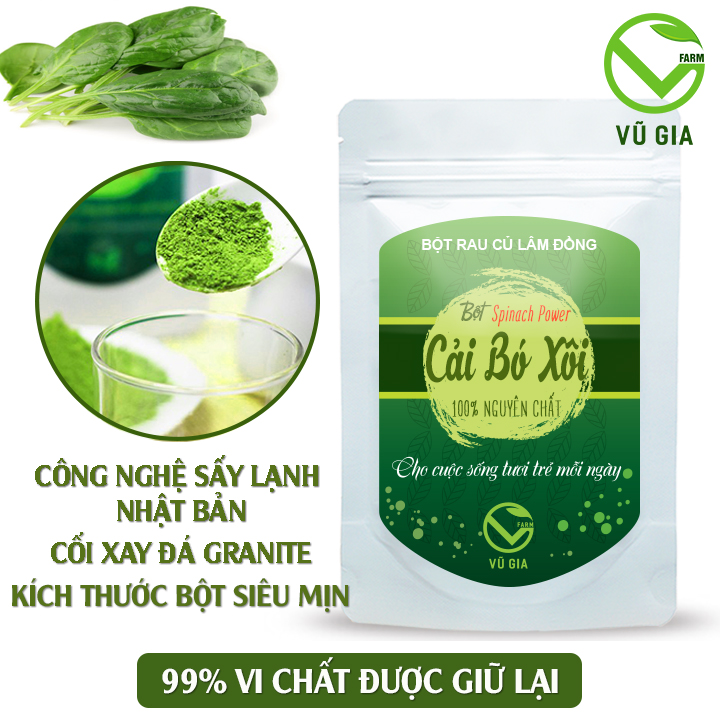 Bột Cải Bó Xôi Sấy Lạnh Nguyên Chất Vũ Gia - Ngăn ngừa xơ vữa động mạch, bệnh đau tim, chất xơ giúp tiêu hóa tốt, kiểm soát cân nặng, hỗ trợ đẹp da, sáng da