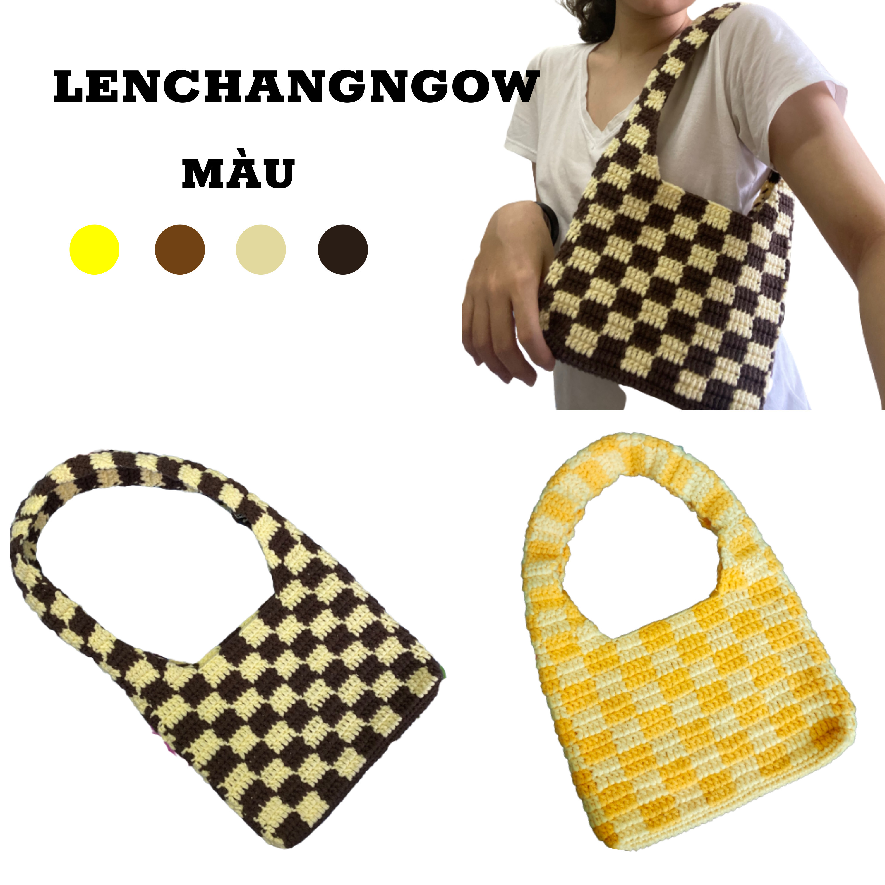 Túi Tote len họa tiết sọc caro (Ảnh thật của shop)