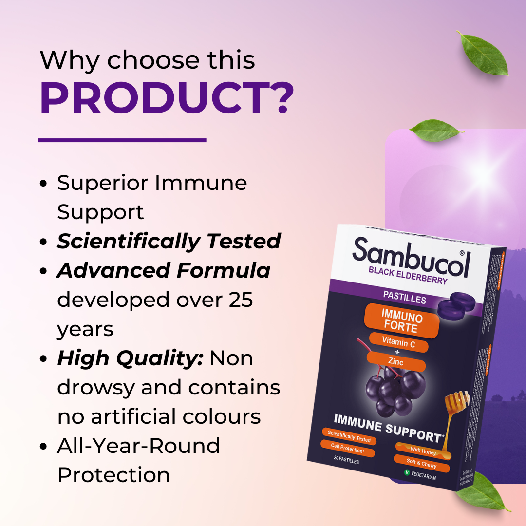 Why Choose Sambucol Immuno Forte, PLUS Soothing Honey + Vitamin C + Zinc, Support Immune, 20 Pastilles