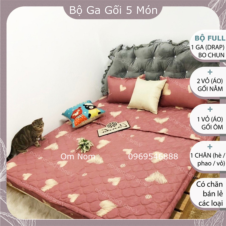 Bộ chăn ga gối 5 MÓN đẹp Hàn Quốc chất cotton poly: 1 drap giường + 2 vỏ gối + 1 vỏ ôm + 1 chăn, họa tiết TIM XƯỚC cute, dễ thương cho các bé