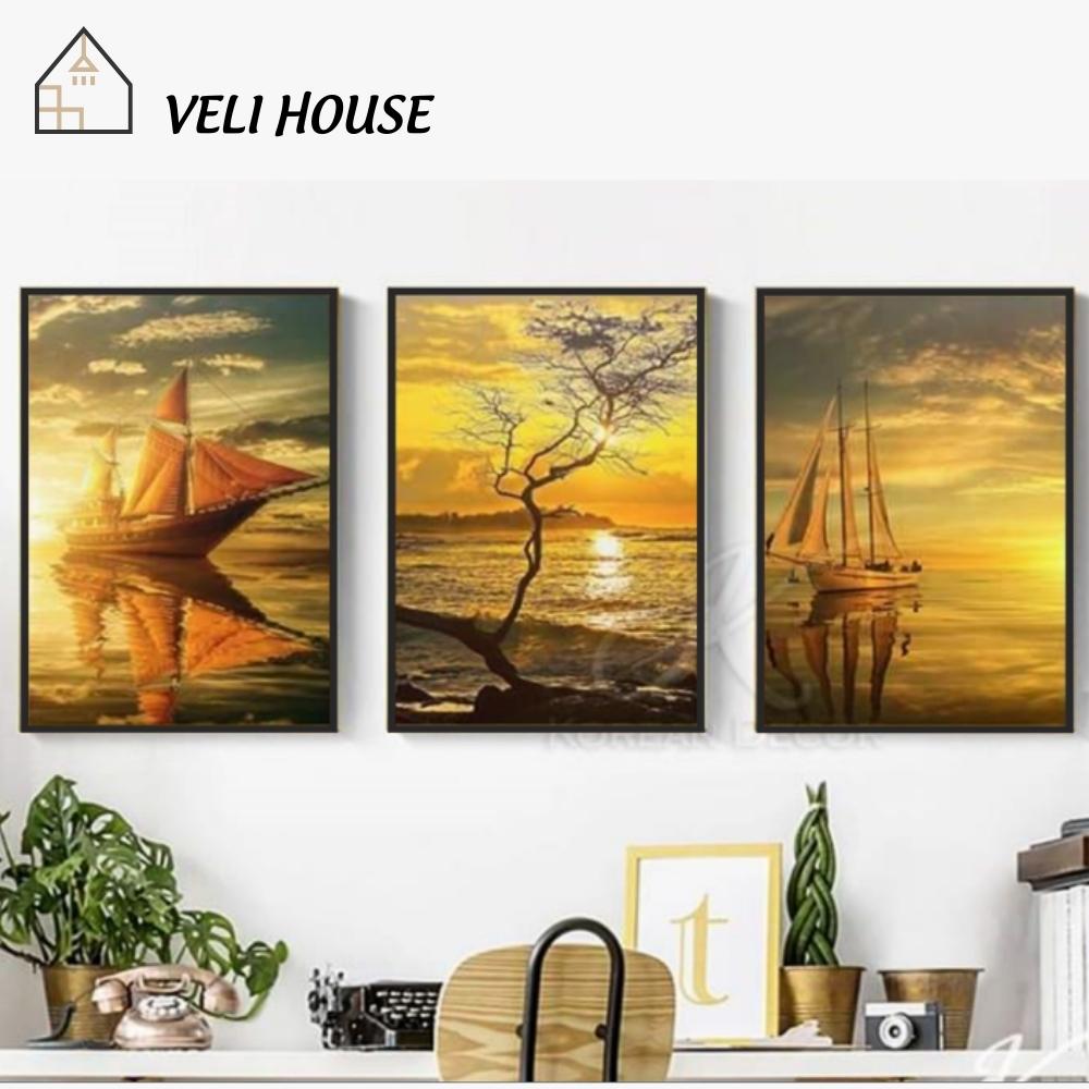 Bộ 3 tranh vải canvas trang trí tường kcv15 - Hoàng hôn - Kèm khung - 3 bức 30x42 cm - Veli house
