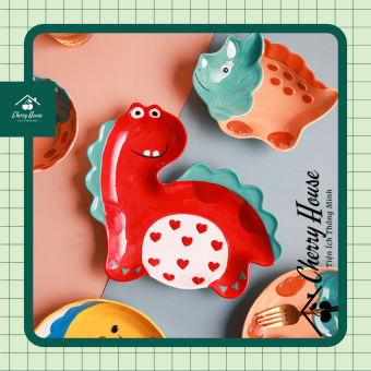 Bộ chén bát đĩa tô sứ Khủng Long ăn cơm cho bé CHERRY HOUSE CHCB07 chén tô khay đĩa vuông có ngăn chấm đĩa vuông có tay cầm gốm sứ đẹp cao cấp hình Khủng long kiểu Nhật dễ thương cho bé ăn cơm ăn dặm