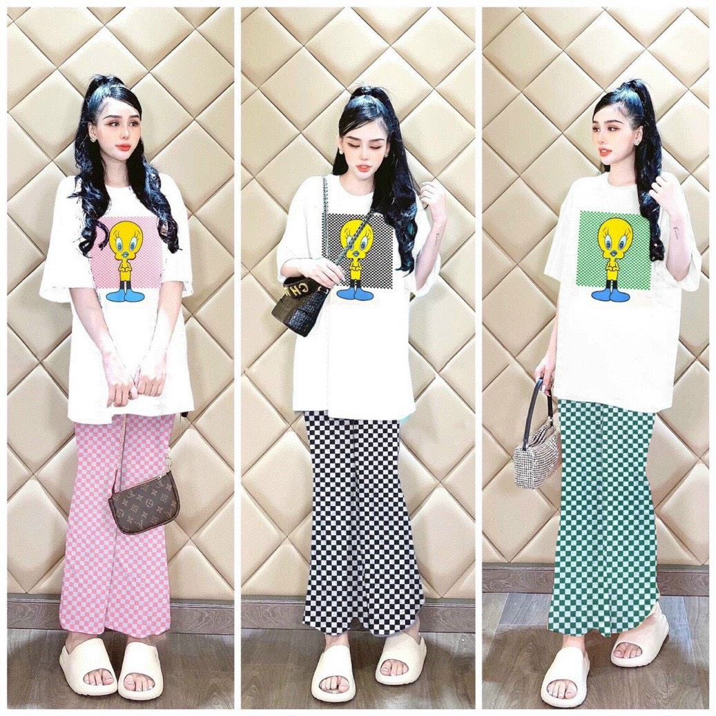 Set đồ nữ quần dài CARO In Hoạt Hình chất liệu cotton dày dặn mát mịn from rộng - TP927