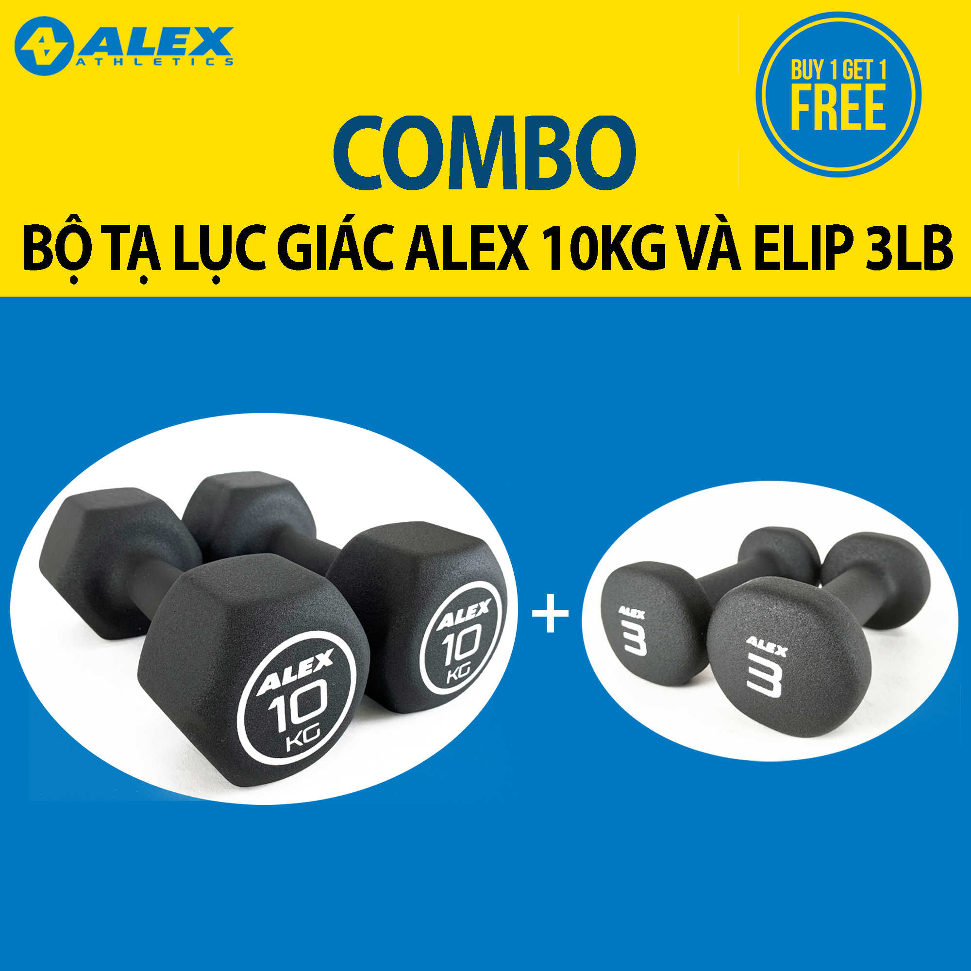 Buy 1 get 1 combo 2 bộ tạ tay lục giác alex 10kg và elip alex 3lb, lõi gang đặc bọc cao su cao cấp đài loan chính hãng