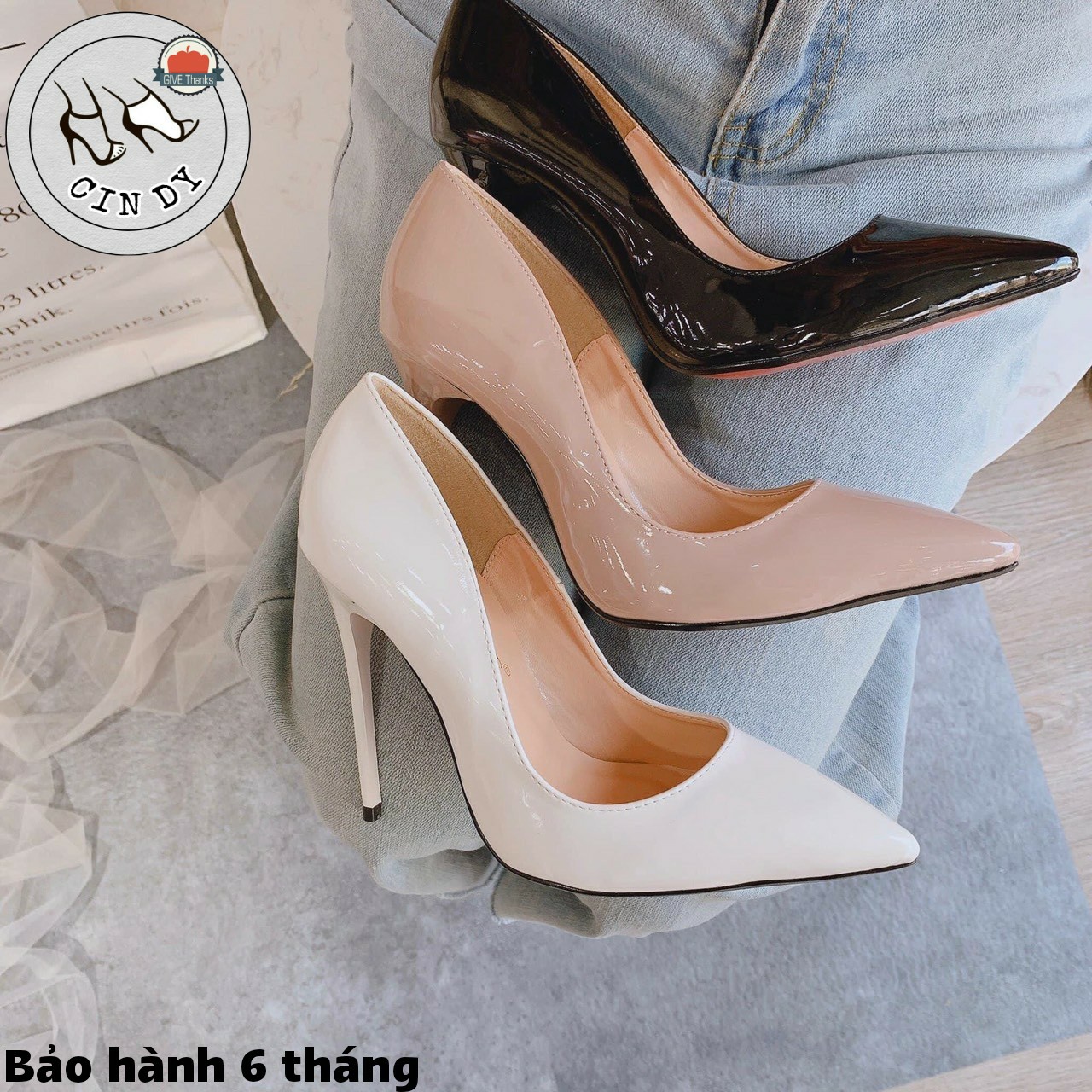 - Giày cao gót nữ bít mũi 11p 3 màu đen trắng và nude, guốc cao gót mũi nhọn, CINDY