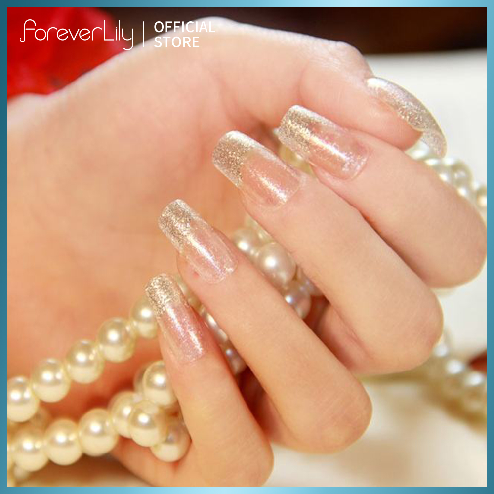 foreverlily Móng Tay Giả Phong Cách Pháp 24 Chiếc Móng Tay Giả Dài Màu Bạc Kèm Miếng Dán Keo