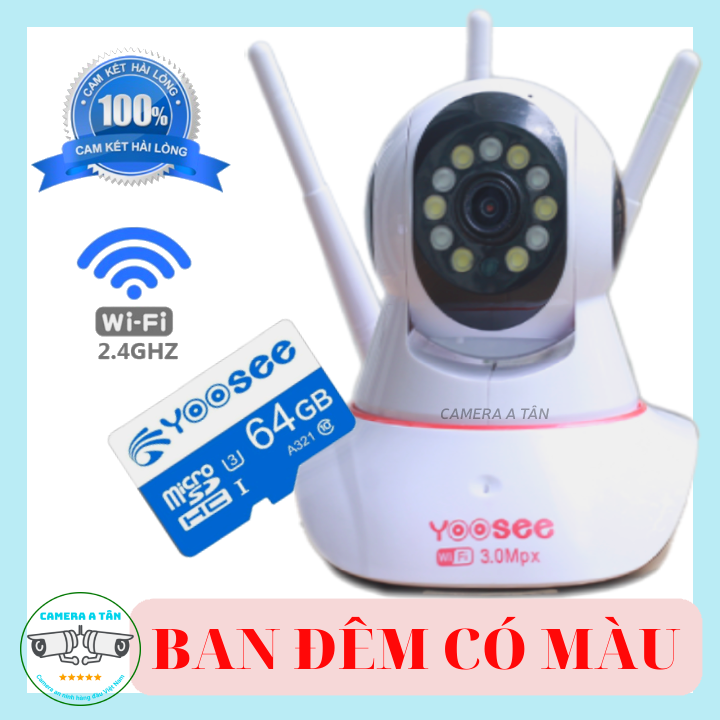 camera wifi yoosee ban đêm có màu - quan sát trong nhà 3 râu xoay 360 độ ghim thẻ trên đầu - KHÔNG HỖ TRỢ CỔNG LAN