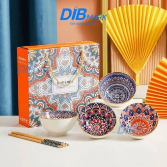 Bộ bát sứ bộ chén set bát đũa họa tiết thổ cẩm động vật sang trọng 6 bát 6 đôi đũa Nhật Bản