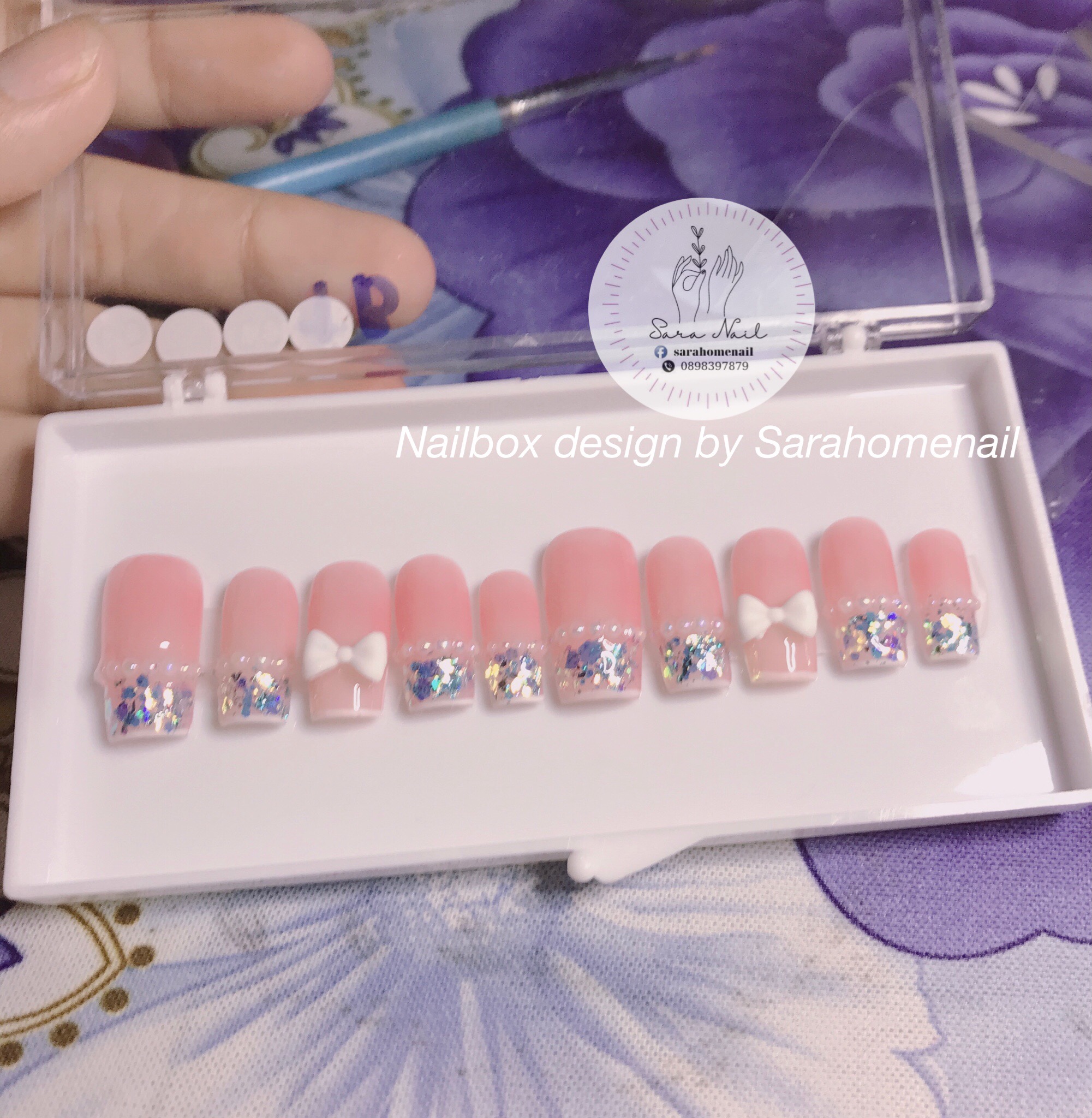 Nailbox 10 móng, móng tay giả thiết kế trai nơ kèm keo và dũa