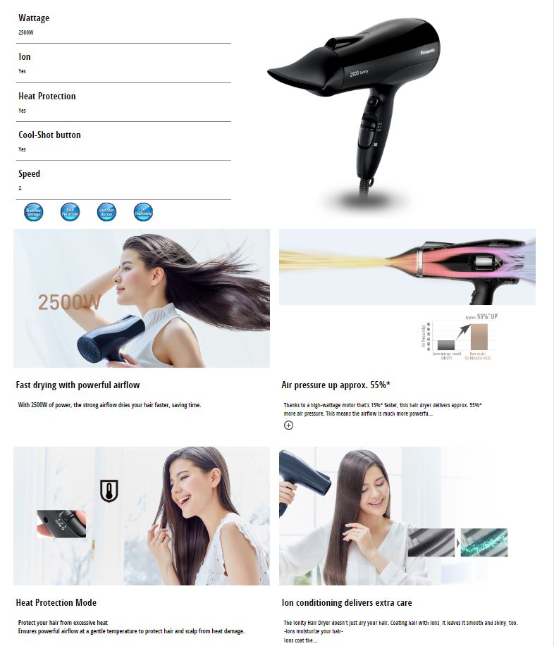 Panasonic EH-NE83 Powerful Air Hair Dryer, Black 2500W | Lazada