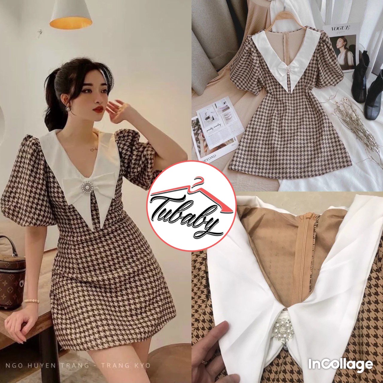 [HCM] Đầm váy nữ dáng xòe họa tiết karo cổ sen nhọn họa tiết đính cườm ngọc dễ thương sang trọng dự tiệc dạo phố