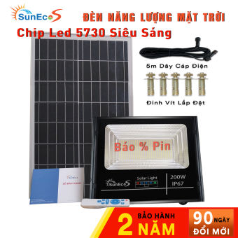 Đèn năng lượng mặt trời 200W SUNECO thế hệ mới, vỏ nhôm đúc nguyên khối, đèn pha Led Năng Lượng Mặt Trời, Kèm tấm pin rời siêu bền, 626 chip Led siêu sáng, remote thông minh, cảm biến tự động, dây nối 5m, sáng 10 - 14h, Bh 24 Tháng