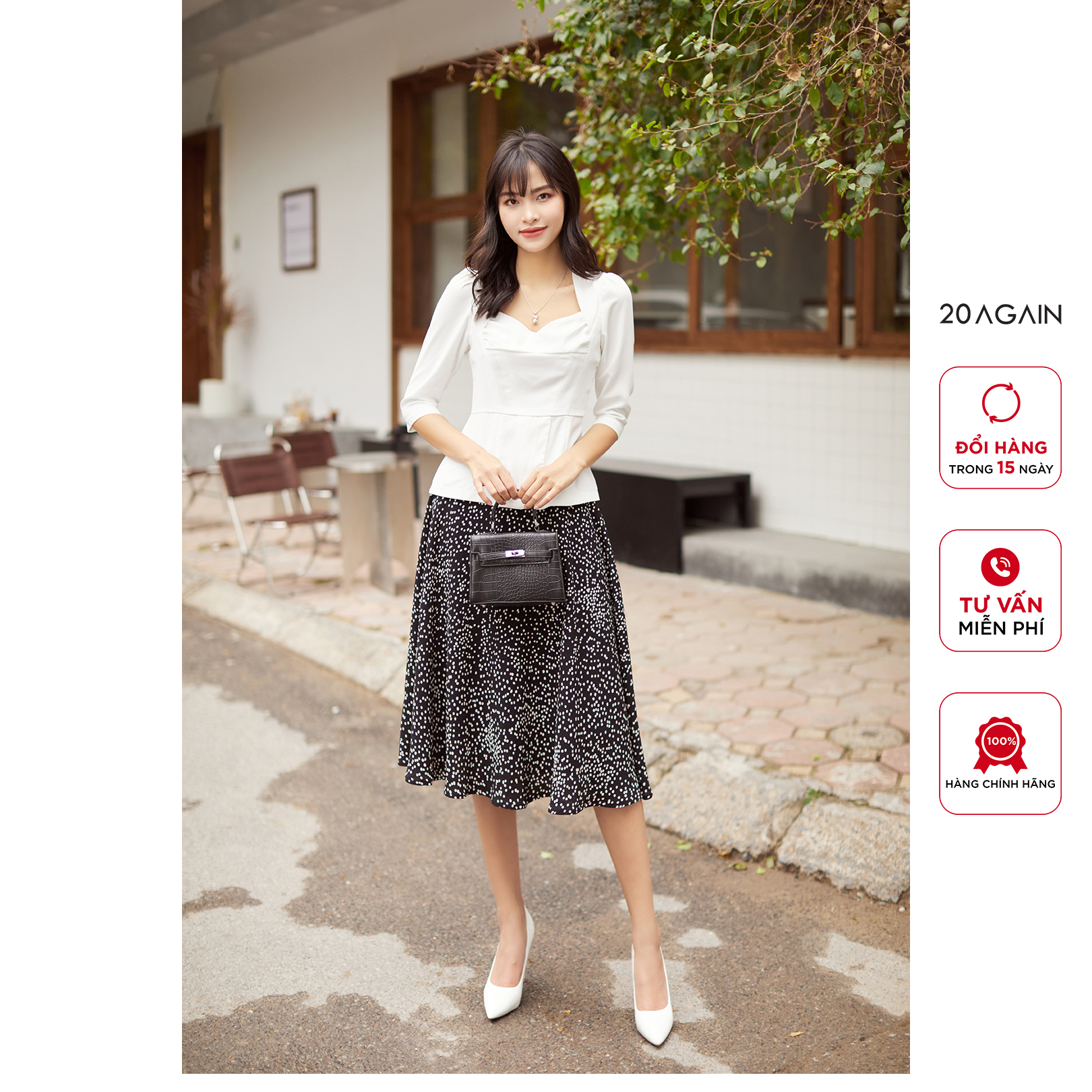 Áo sơ mi nữ dài tay, cổ vuông cách điệu 20again, thiết kế tinh tế asa2176