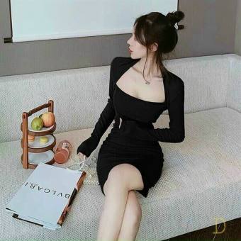 Đầm Nữ Chất Thun co giãn Tay Dài Cổ Phối Ôm Body hot TIKTOK PNT