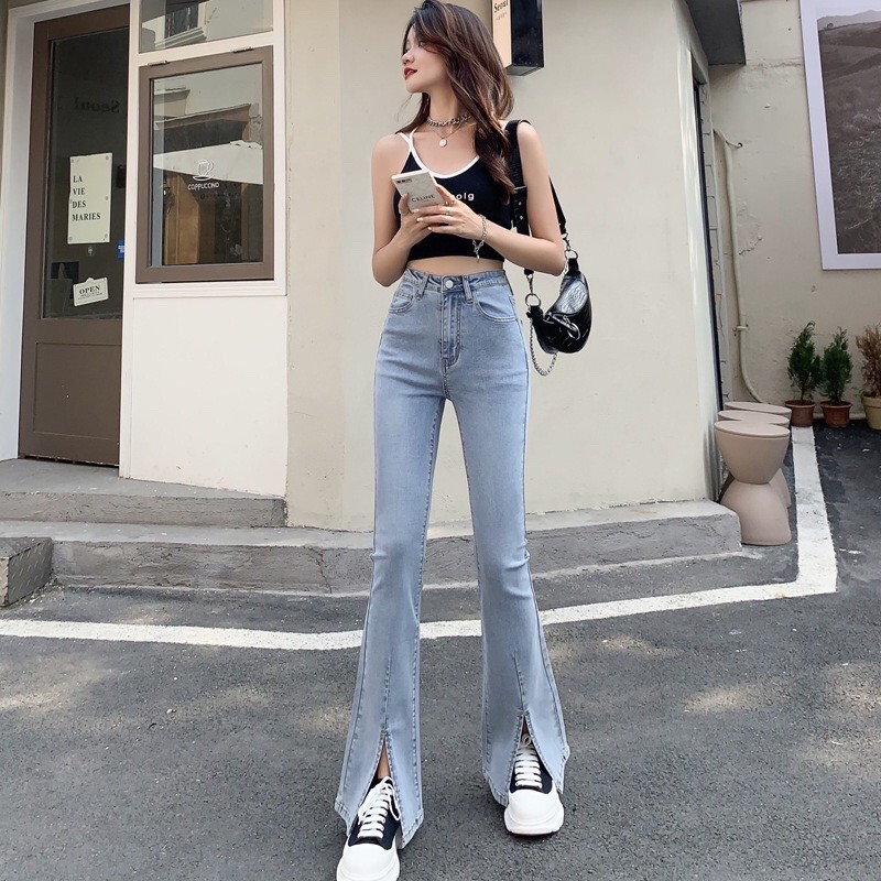 Quần jean ống loe xẻ tà lưng cao siêu hot