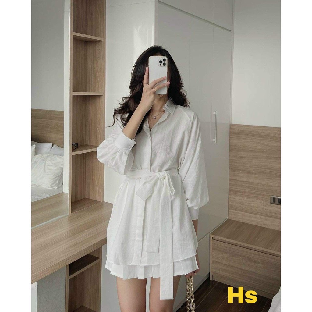 set đồ nữ sang chảnh áo sơ mi dài dây eo kèm quần vải tơ đũi mát basic phong cách chill - SAMsam