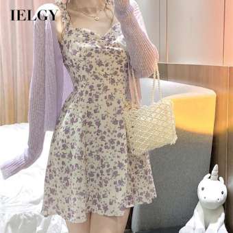 IELGY Đầm Nhỏ Dáng Ôm Cá Tính Thời Trang Vải Voan Dây Hoa Tím