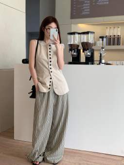 Sezo Quần Áo Nữ Hàn Quốc quần áo vest sát nách Một hàng khuy thời trang Y2K + Bộ quần thường ngày cạp cao