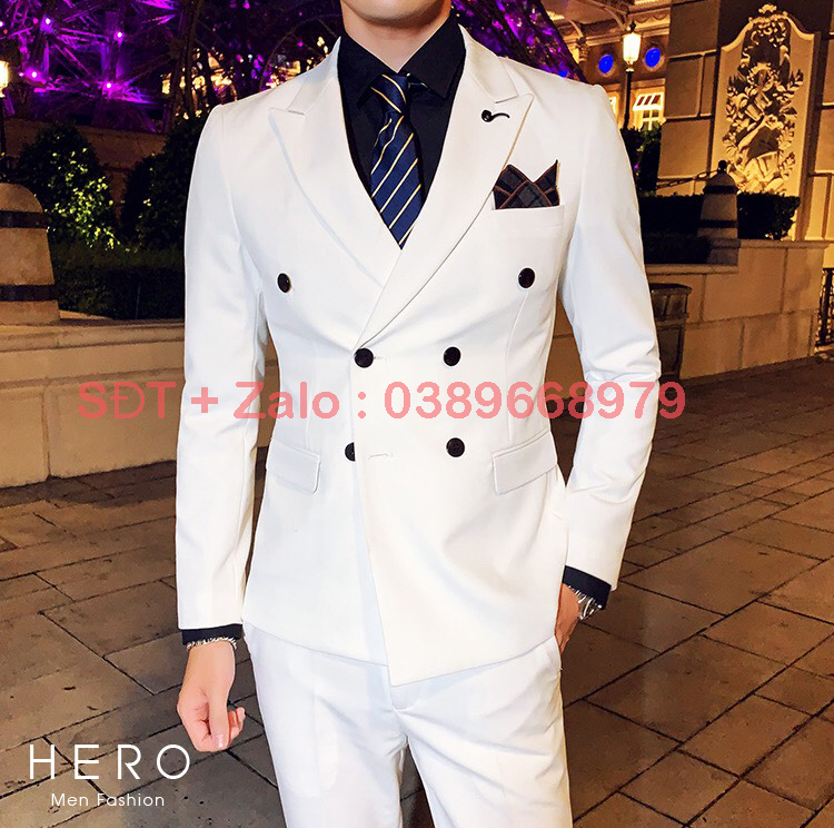 Bộ vest nam cao cấp 6 cúc màu trắng, bộ suit nam hàn quốc 6 cúc màu trắng