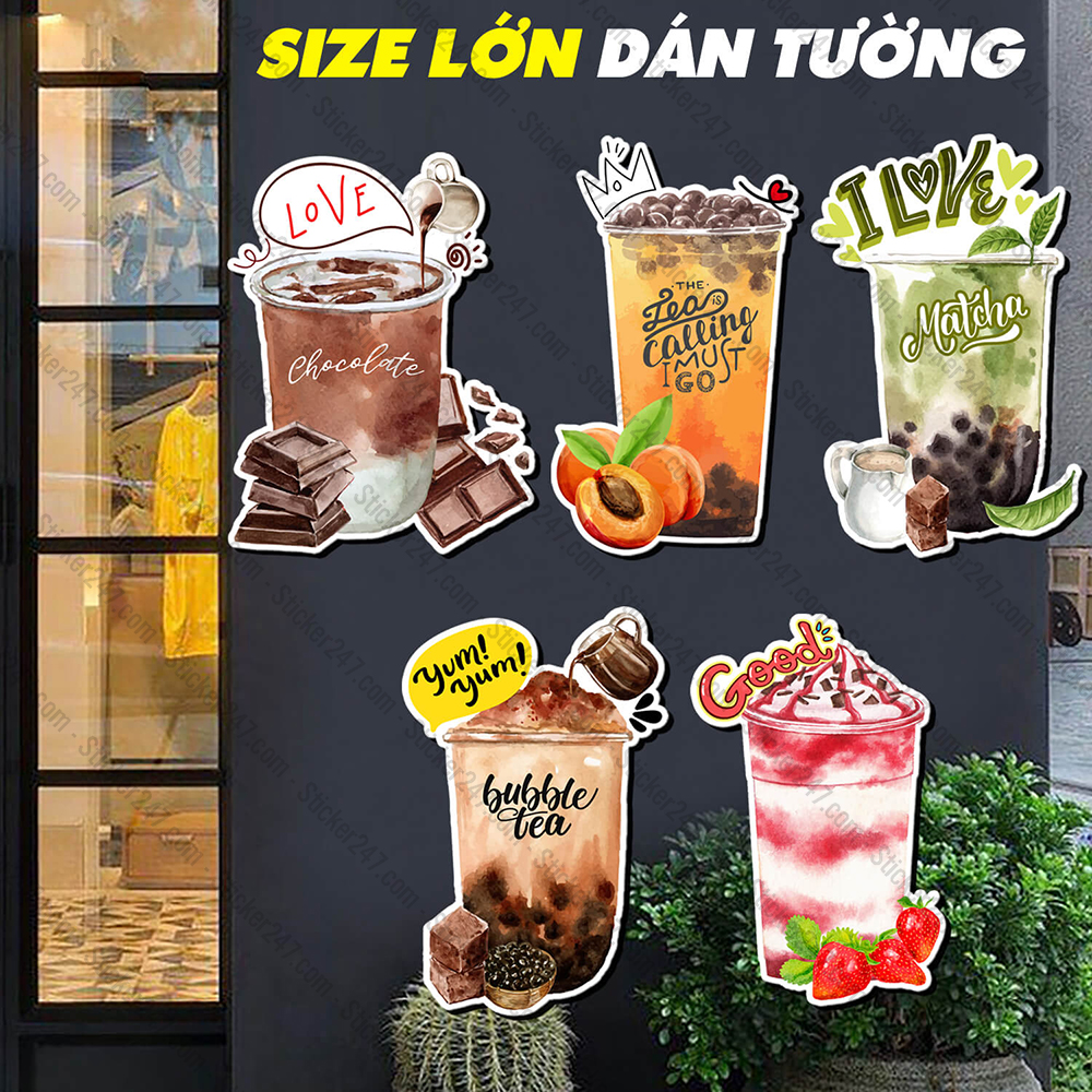 Decal Dán Ly Trà Sữa, Matcha Trà Xanh, Trà Đào, Cacao - Hình dán Khổ Lớn Đồ Trang Trí Quán Cafe, Quán Trà Sữa - Decal Dùng Dán Tường, Tủ Kệ, Kính