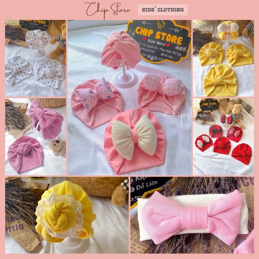Mũ turban cho bé gái thun cotton co giãn thoải mái có size 3 tháng - 1 tuổi CHIP STORE