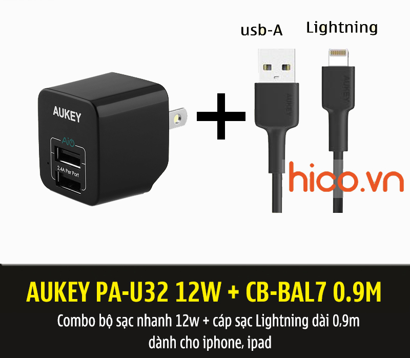 ADAPTER Sạc 2 Cổng 12W AUKEY PA-U32 Kèm Cáp Sạc Bọc Dù Cao Cấp Usb A  Aukey CB-BAL7  Chuẩn MFI Dành Cho táo- Hàng Chính Hãng