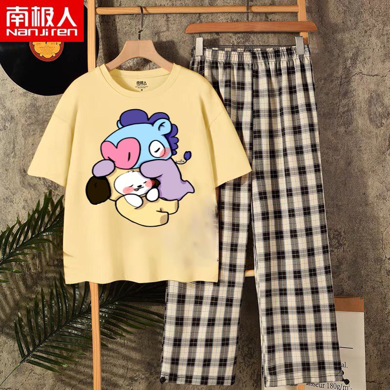 Set áo phông in hình ngựa mang đánh gấu kèm quần kẻ siêu xinh