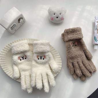 KORNASUE Mềm mại Nữ Thu đông Plus Velvet Găng tay lái xe Găng tay đan Găng tay toàn ngón Găng tay nữ Găng tay len Găng tay màn hình cảm ứng