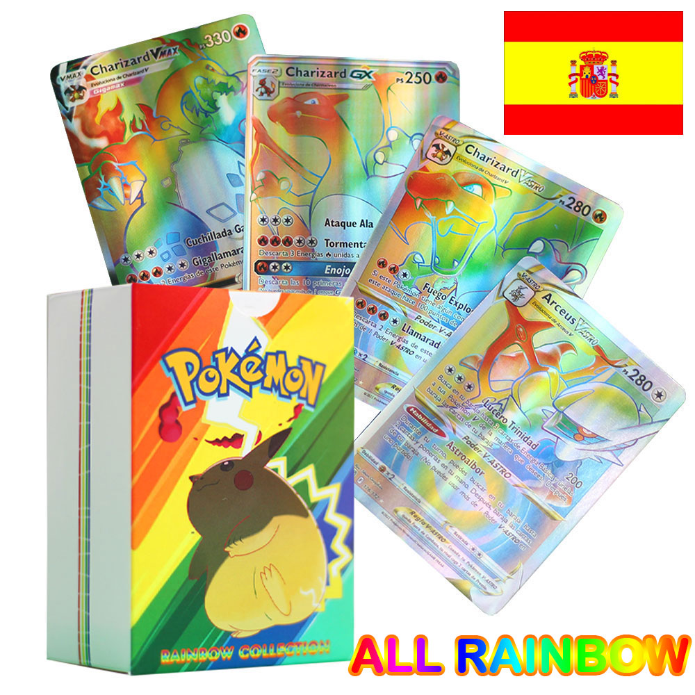 100Pcs GX Holographic Pokemon Cards in Portuguese Letter with Rainbow  Arceus Shiny Charizard trade card children toys