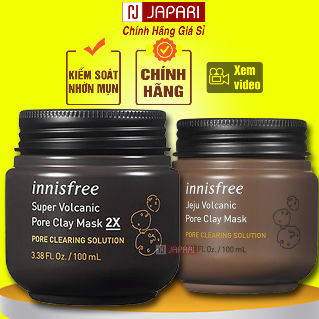 Mặt Nạ Dưỡng Da Đất Sét Innisfree Super Volcanic Pore Clay Mask 2X và Jeju 100ml CHÍNH HÃNG - Mask Đất Set Da Dầu Mụn, Hỗn Hợp Inisfree - Mặt Nạ Cấp Ẩm Sáng Da Hàn Quốc Japari