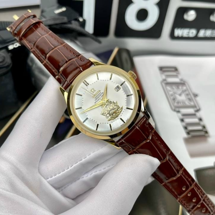 Đồng hồ nam dây da 0mega Automatic vỏ vàng size 40mm fullbox chống nước vỏ thép không gỉ đồng hồ nam cao cấp