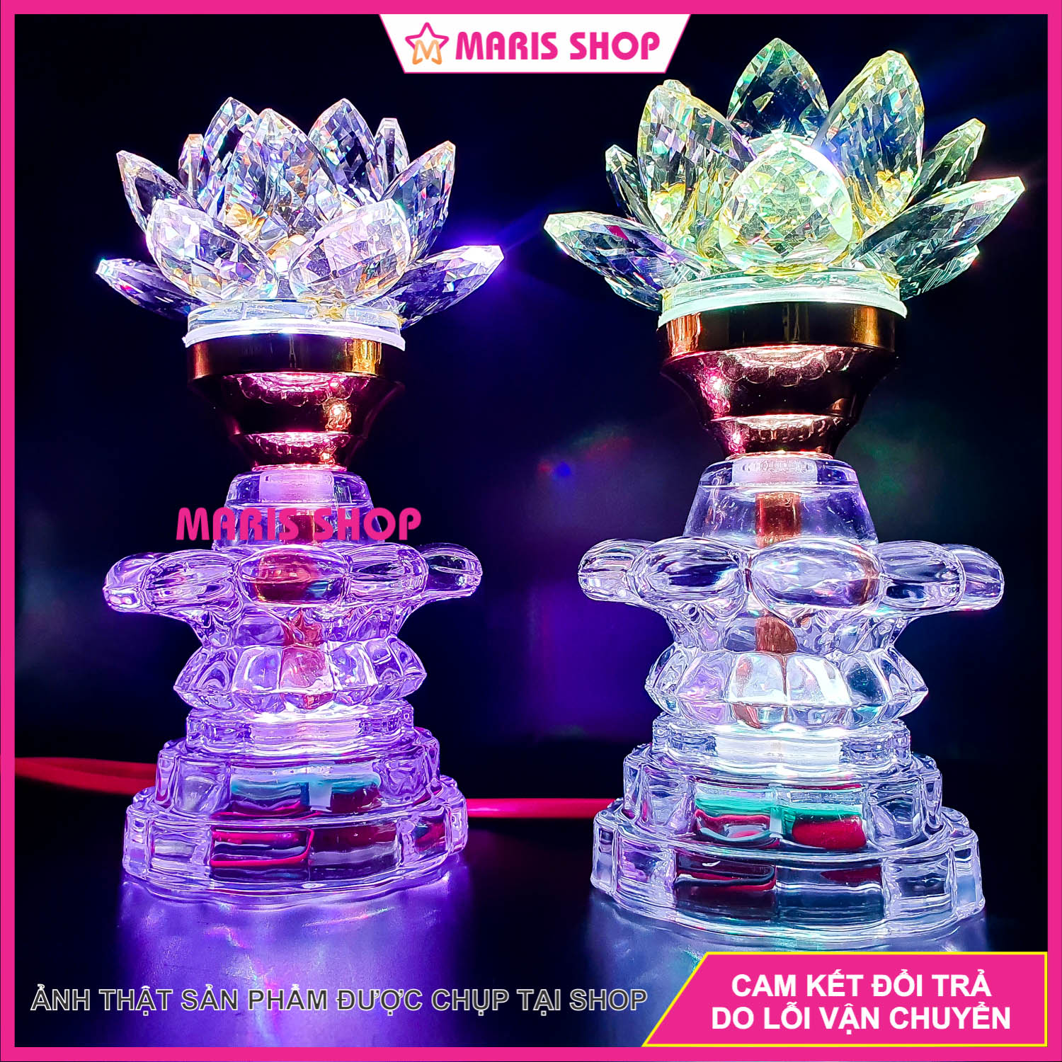 Đèn hoa sen pha lê nguyên khối cao 17cm led đổi màu để bàn thờ phật, gia tiên, đèn thờ cúng đẹp