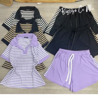 Set Bộ Đồ Bigsize Cô Nhỏ,Áo Thun Polo Cổ Trụ Sọc Bigsize Nữ Kèm Quần Đùi Thun,Bộ Mùa Hè Big Size STRU22