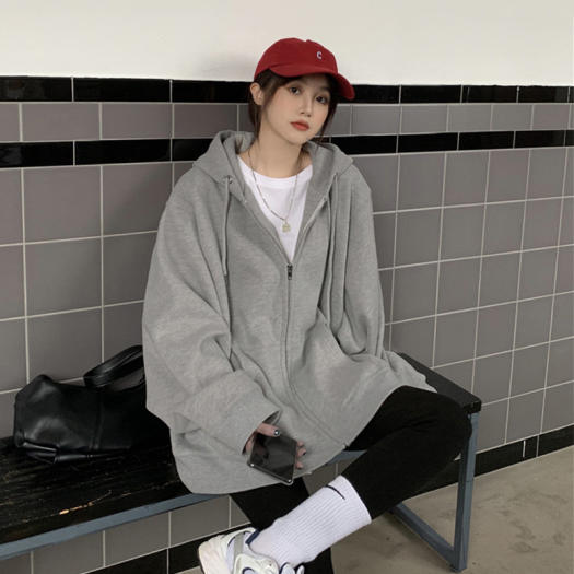 PWAE Hoodies Jacket for Women Korean Oversize Gray Hooded Sweater for Women Zipper Jacket Women's Ins Trend Tops for Women