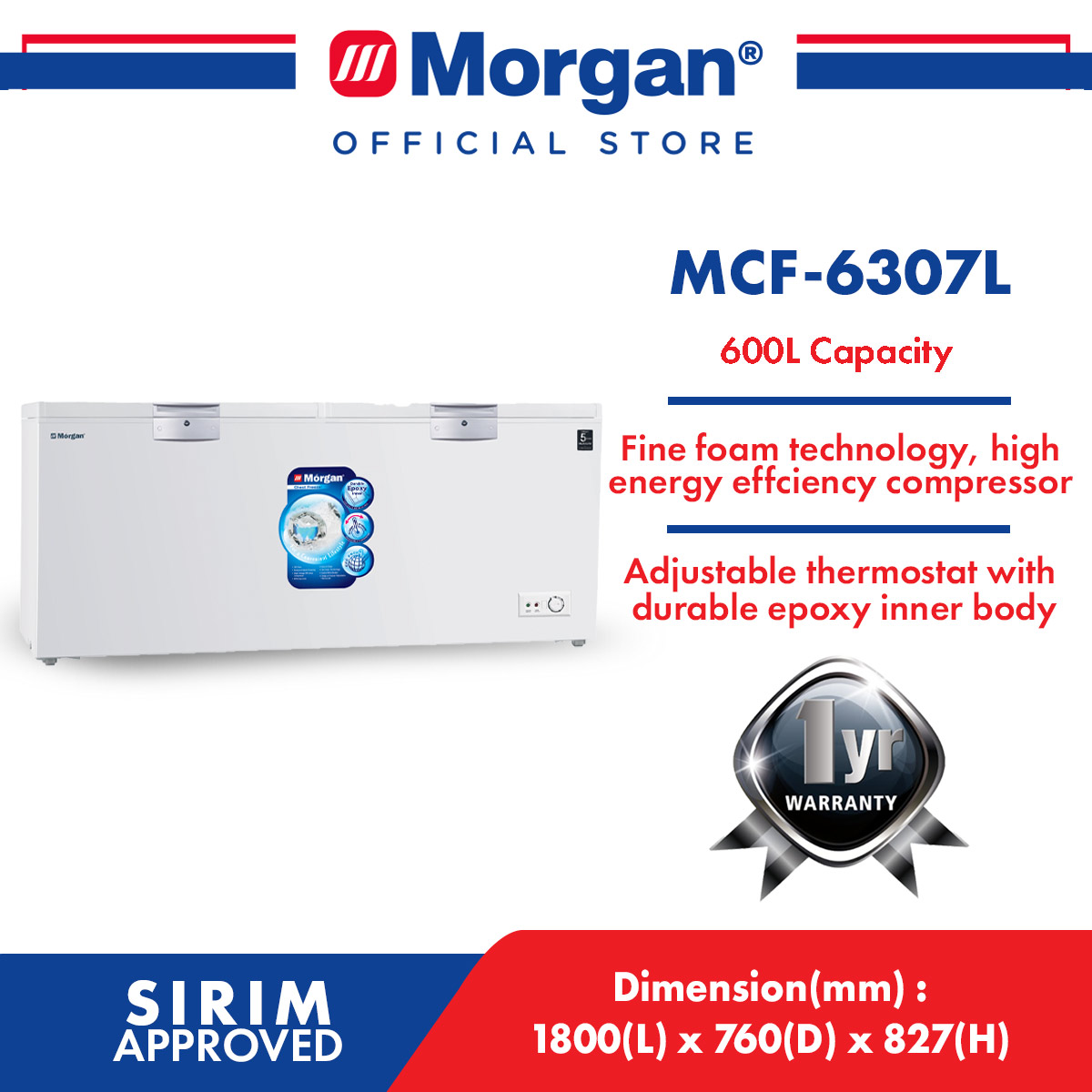 MORGAN MCF-6307L CHEST FREEZER DUAL DOOR 600L