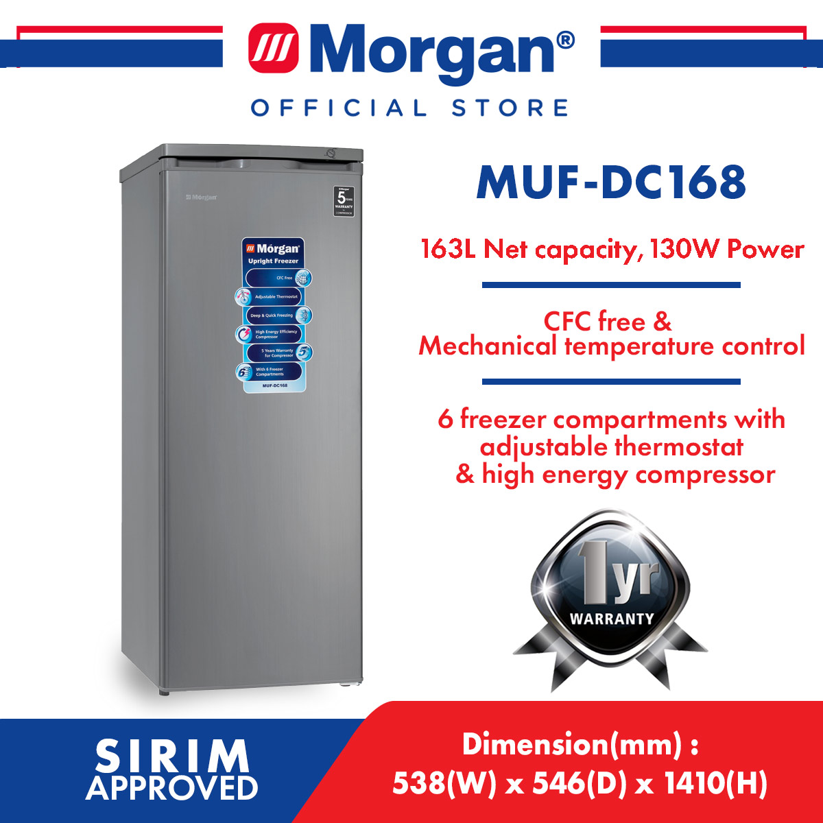 MORGAN MUF-DC168 UPRIGHT FREEZER DIRECT COOL 163L GREY